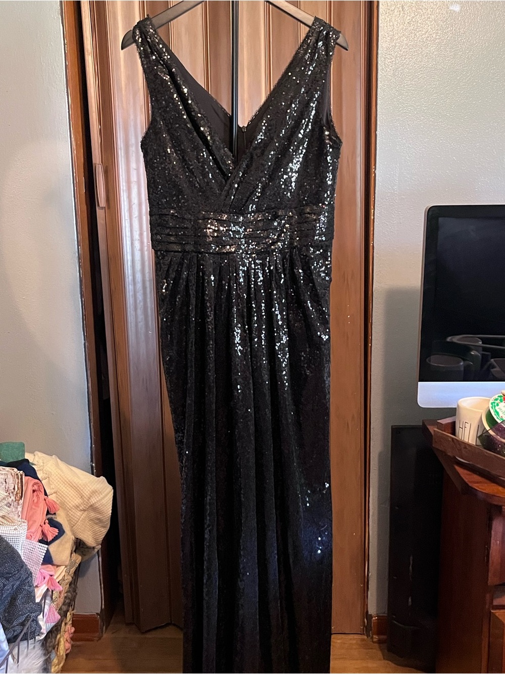 Black Sequin V-Neck Maxi Dress with Pleated Waist